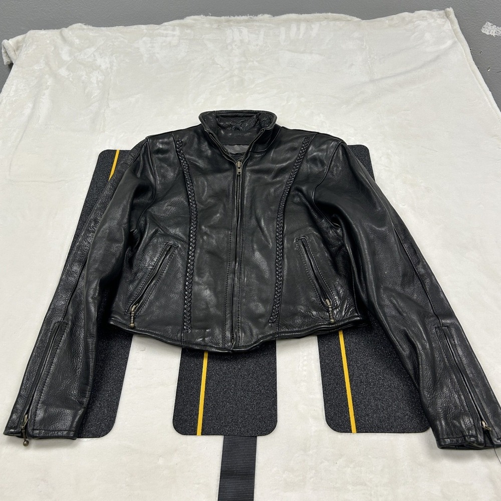 Black Hills Leather Jacket Womens M Black Braided Trim Biker Moto Zip Up F1